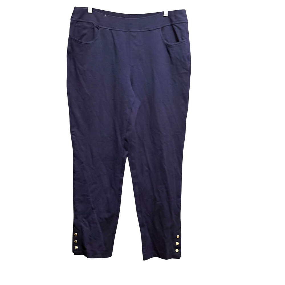 Belle By Kim Gravel Navy Blue Pull On Crop Women Pants Button Hem Tapered Sz 16